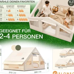 ELONEO aufblasbares Zelt für 2-4 Personen mit Dachfenster Luftpumpe Premium Glamping Zelt wasserdicht, Luftzelt, Inflatable Tent, Camping Zelt, beige
