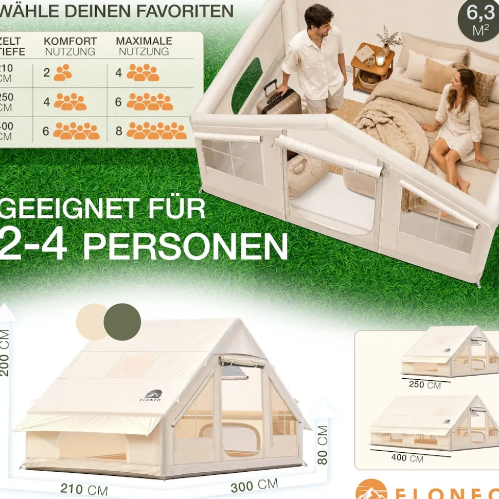 ELONEO aufblasbares Zelt für 2-4 Personen mit Dachfenster Luftpumpe Premium Glamping Zelt wasserdicht, Luftzelt, Inflatable Tent, Camping Zelt, beige