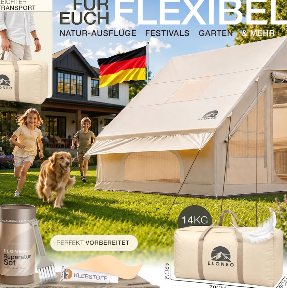 ELONEO aufblasbares Zelt für 2-4 Personen mit Dachfenster Luftpumpe Premium Glamping Zelt wasserdicht, Luftzelt, Inflatable Tent, Camping Zelt, beige