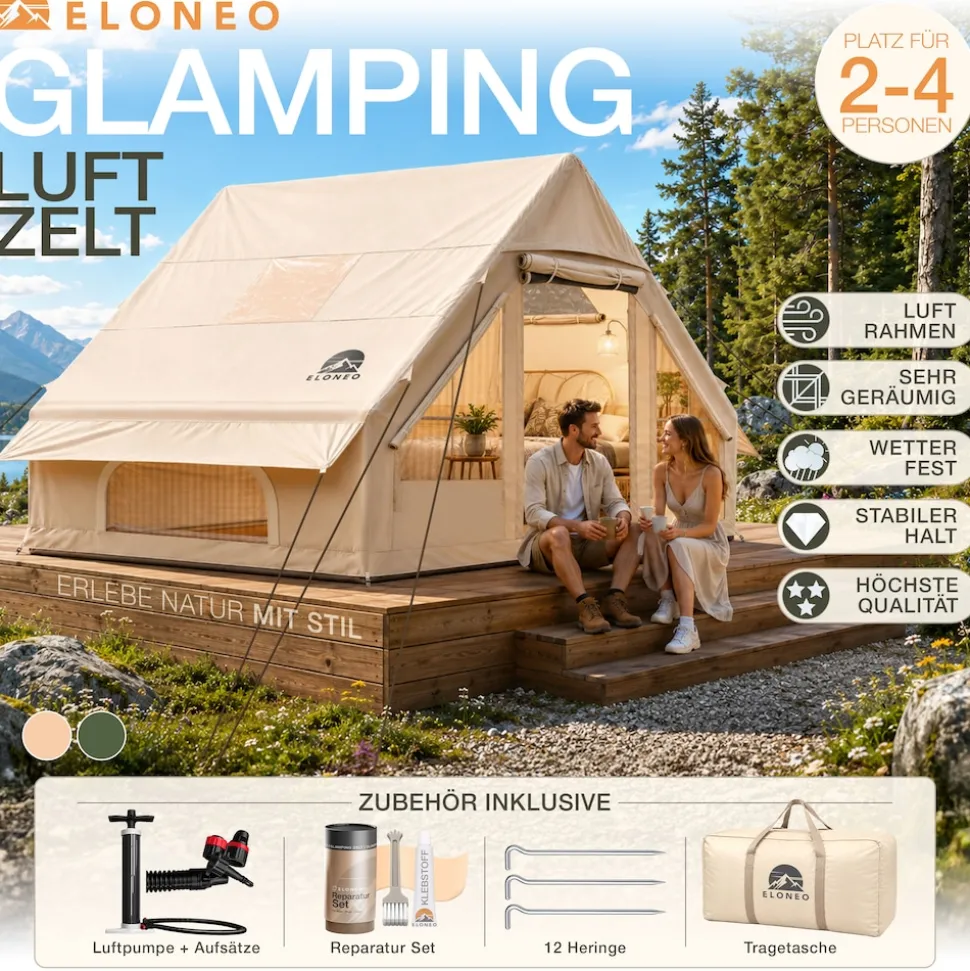 ELONEO aufblasbares Zelt für 2-4 Personen mit Dachfenster Luftpumpe Premium Glamping Zelt wasserdicht, Luftzelt, Inflatable Tent, Camping Zelt, beige