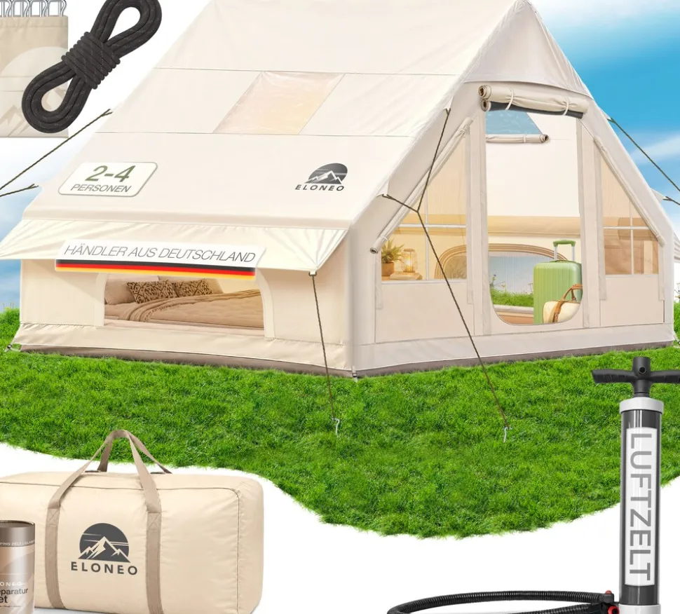 ELONEO aufblasbares Zelt für 2-4 Personen mit Dachfenster Luftpumpe Premium Glamping Zelt wasserdicht, Luftzelt, Inflatable Tent, Camping Zelt, beige