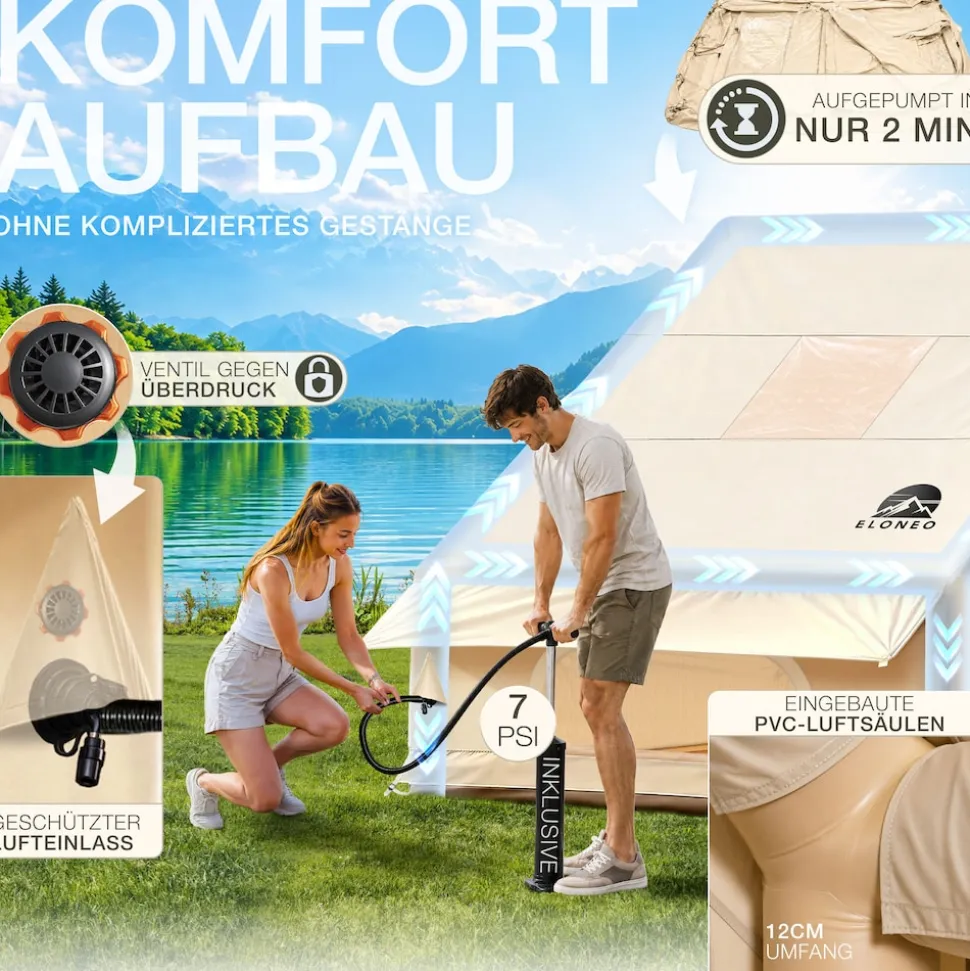 ELONEO aufblasbares Zelt für 2-4 Personen mit Dachfenster Luftpumpe Premium Glamping Zelt wasserdicht, Luftzelt, Inflatable Tent, Camping Zelt, beige