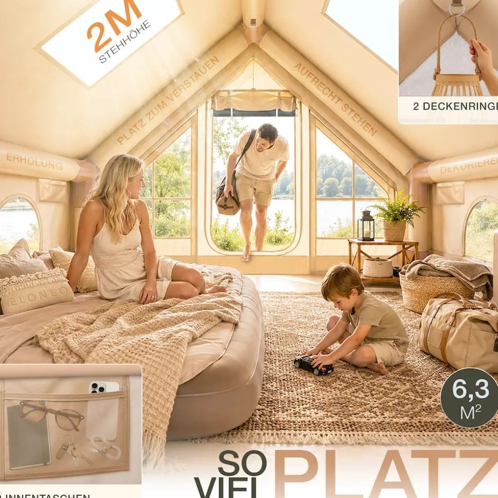 ELONEO aufblasbares Zelt für 2-4 Personen mit Dachfenster Luftpumpe Premium Glamping Zelt wasserdicht, Luftzelt, Inflatable Tent, Camping Zelt, beige