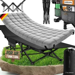 ELONEO Feldbett klappbar mit Premium Auflage, Campingliege bis 200kg belastbar, Grau
