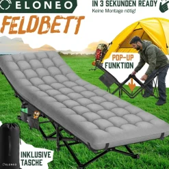 ELONEO Feldbett klappbar mit Premium Auflage, Campingliege bis 200kg belastbar, Grau