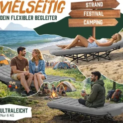 ELONEO Feldbett klappbar mit Premium Auflage, Campingliege bis 200kg belastbar, Grau