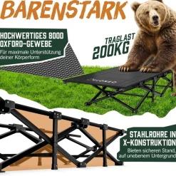 ELONEO Feldbett klappbar mit Premium Auflage, Campingliege bis 200kg belastbar, Grau