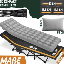 ELONEO Feldbett klappbar mit Premium Auflage, Campingliege bis 200kg belastbar, Grau