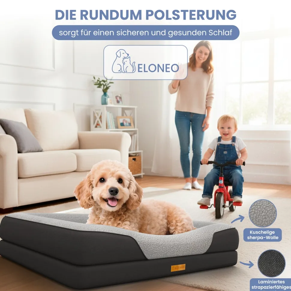 ELONEO Orthopädisches Hundebett, Schwarz - Größe S