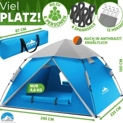 ELONEO Wurfzelt, 2-4 Personen Pop Up Zelt wasserdichtes Campingzelt schnellaufbau Zelt, Blau/Grau