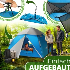 ELONEO Wurfzelt, 2-4 Personen Pop Up Zelt wasserdichtes Campingzelt schnellaufbau Zelt, Blau/Grau