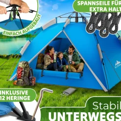 ELONEO Wurfzelt, 2-4 Personen Pop Up Zelt wasserdichtes Campingzelt schnellaufbau Zelt, Blau/Grau