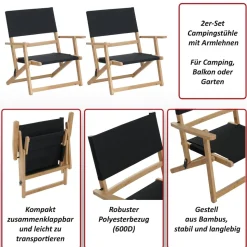 2er-Set Bambus Campingstuhl MCW-Q42, Gartenstuhl Balkonstuhl Freizeitstuhl klappbar Outdoor Stoff/Textil ~ schwarz