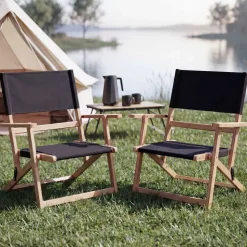 2er-Set Bambus Campingstuhl MCW-Q42, Gartenstuhl Balkonstuhl Freizeitstuhl klappbar Outdoor Stoff/Textil ~ schwarz