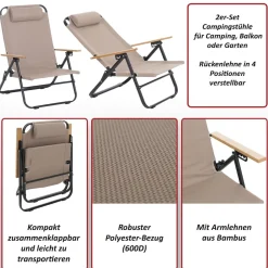 2er-Set Campingstuhl MCW-Q44, Gartenstuhl Balkonstuhl Freizeitstuhl, klappbar verstellbar Outdoor Metall Stoff ~ schwarz