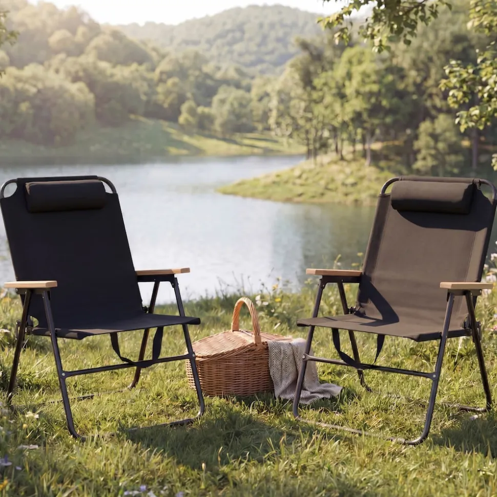 2er-Set Campingstuhl MCW-Q44, Gartenstuhl Balkonstuhl Freizeitstuhl, klappbar verstellbar Outdoor Metall Stoff ~ schwarz