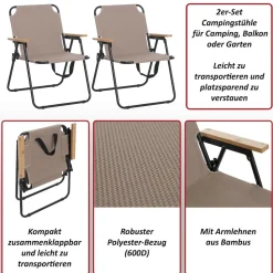 2er-Set Campingstuhl MCW-Q43, Gartenstuhl Balkonstuhl Freizeitstuhl, klappbar Bambus Metall Stoff/Textil ~ schwarz