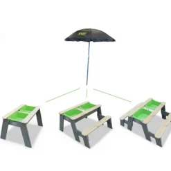 EXIT Aksent Sand,- Wasser- und Picknicktisch (1 Bank) mit Sonnenschirm und Gartenwerkzeugen