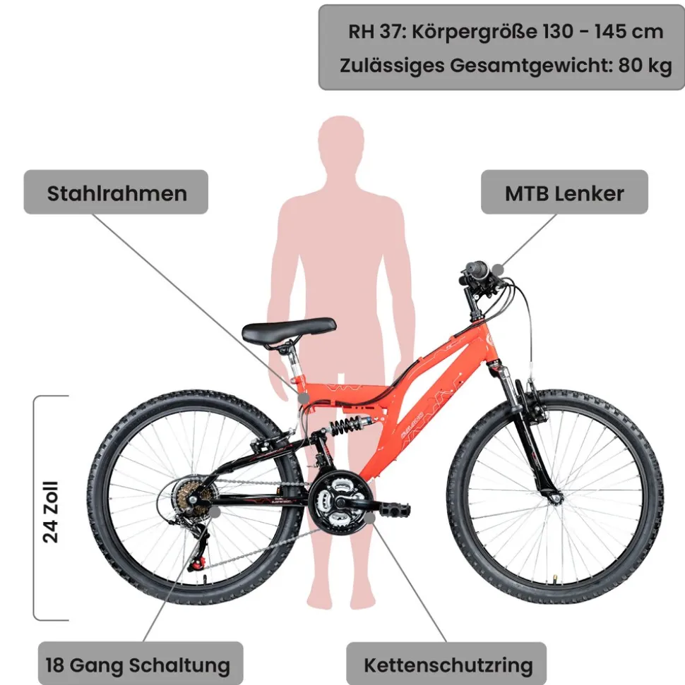Galano FS180 Jugendfahrrad 24 Zoll Mountainbike 130 - 145 cm 18 Gänge Mädchen Jungen Fahrrad ab 8 Jahre MTB Fully Jugendrad V-Brakes