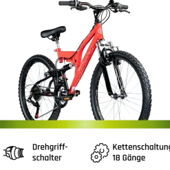 Galano FS180 Jugendfahrrad 24 Zoll Mountainbike 130 - 145 cm 18 Gänge Mädchen Jungen Fahrrad ab 8 Jahre MTB Fully Jugendrad V-Brakes