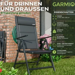 GARMIO® Gartenstuhl Balkonstuhl FLORENZ schwarz, 6er SET, 7-fach verstellbar, klappbar, inkl. Nackenkissen, für Terrasse