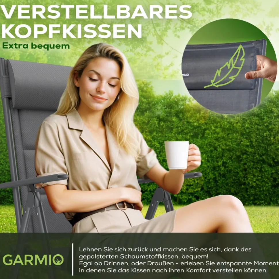 GARMIO® Gartenstuhl Balkonstuhl FLORENZ schwarz, 6er SET, 7-fach verstellbar, klappbar, inkl. Nackenkissen, für Terrasse