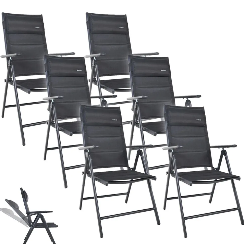 GARMIO® Gartenstuhl Balkonstuhl FLORENZ schwarz, 6er SET, 7-fach verstellbar, klappbar, inkl. Nackenkissen, für Terrasse