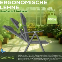 GARMIO® Gartenstuhl Balkonstuhl FLORENZ schwarz, 6er SET, 7-fach verstellbar, klappbar, inkl. Nackenkissen, für Terrasse
