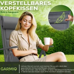 GARMIO® Gartenstuhl Balkonstuhl FLORENZ anthrazit, 7-fach verstellbar, klappbar, inkl. Nackenkissen, für Terrasse