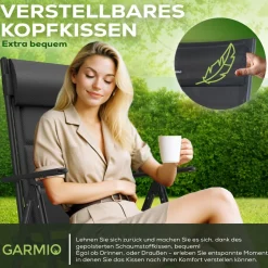 GARMIO® Gartenstuhl Balkonstuhl FLORENZ schwarz, 7-fach verstellbar, klappbar, inkl. Nackenkissen, für Terrasse