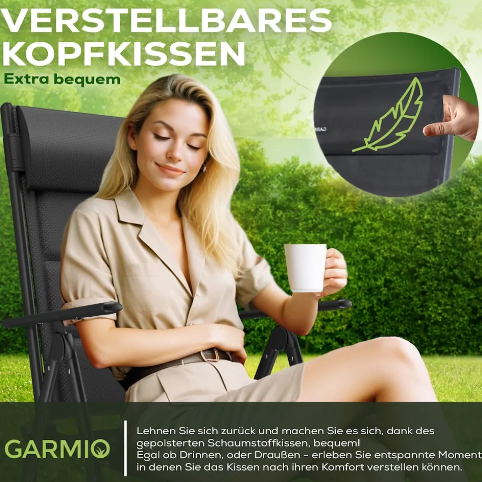 GARMIO® Gartenstuhl Balkonstuhl FLORENZ schwarz, 7-fach verstellbar, klappbar, inkl. Nackenkissen, für Terrasse