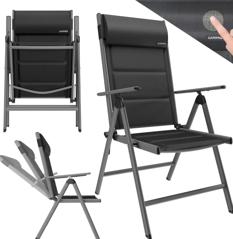 GARMIO® Gartenstuhl Balkonstuhl FLORENZ schwarz, 7-fach verstellbar, klappbar, inkl. Nackenkissen, für Terrasse