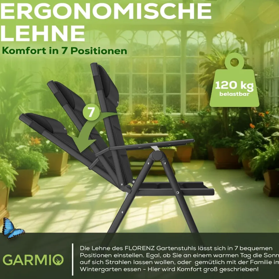 GARMIO® Gartenstuhl Balkonstuhl FLORENZ schwarz, 7-fach verstellbar, klappbar, inkl. Nackenkissen, für Terrasse