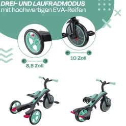 GLOBBER EXPLORER TRIKE 4in1 – Kinderwagen, Dreirad und Laufrad, 10/8,5 Zoll, TPR-Sitz, höhenverstellbar, mint