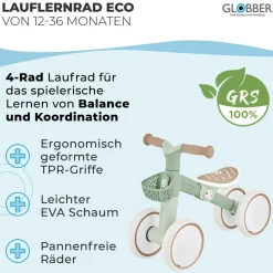 GLOBBER LEARNING BIKE – Aufsitzrad, Lernrad, 7 Zoll EVA-Bereifung, 4-rädrig, Sattel höhenverstellbar, salbei grün