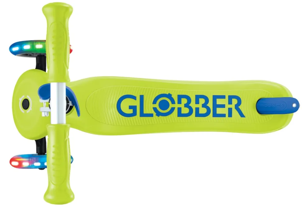 GLOBBER PRIMO PLUS LIGHTS – Tretroller Kinder, 120/80mm, ABEC 9, 3-rädrig, höhenverstellbar, LED-Leuchtrollen, lime grün