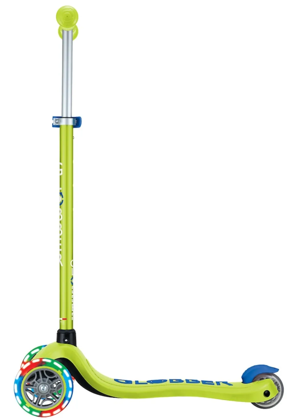 GLOBBER PRIMO PLUS LIGHTS – Tretroller Kinder, 120/80mm, ABEC 9, 3-rädrig, höhenverstellbar, LED-Leuchtrollen, lime grün