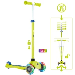 GLOBBER PRIMO PLUS LIGHTS – Tretroller Kinder, 120/80mm, ABEC 9, 3-rädrig, höhenverstellbar, LED-Leuchtrollen, lime grün
