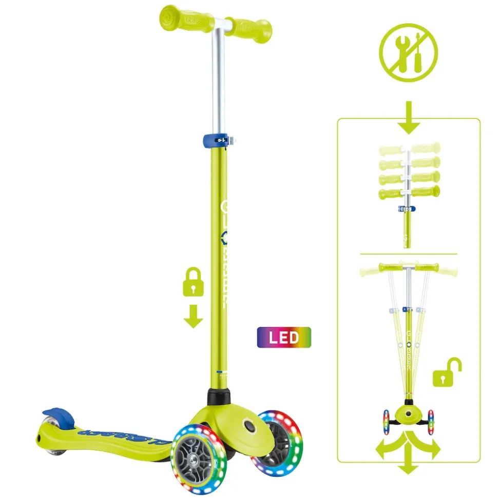 GLOBBER PRIMO PLUS LIGHTS – Tretroller Kinder, 120/80mm, ABEC 9, 3-rädrig, höhenverstellbar, LED-Leuchtrollen, lime grün