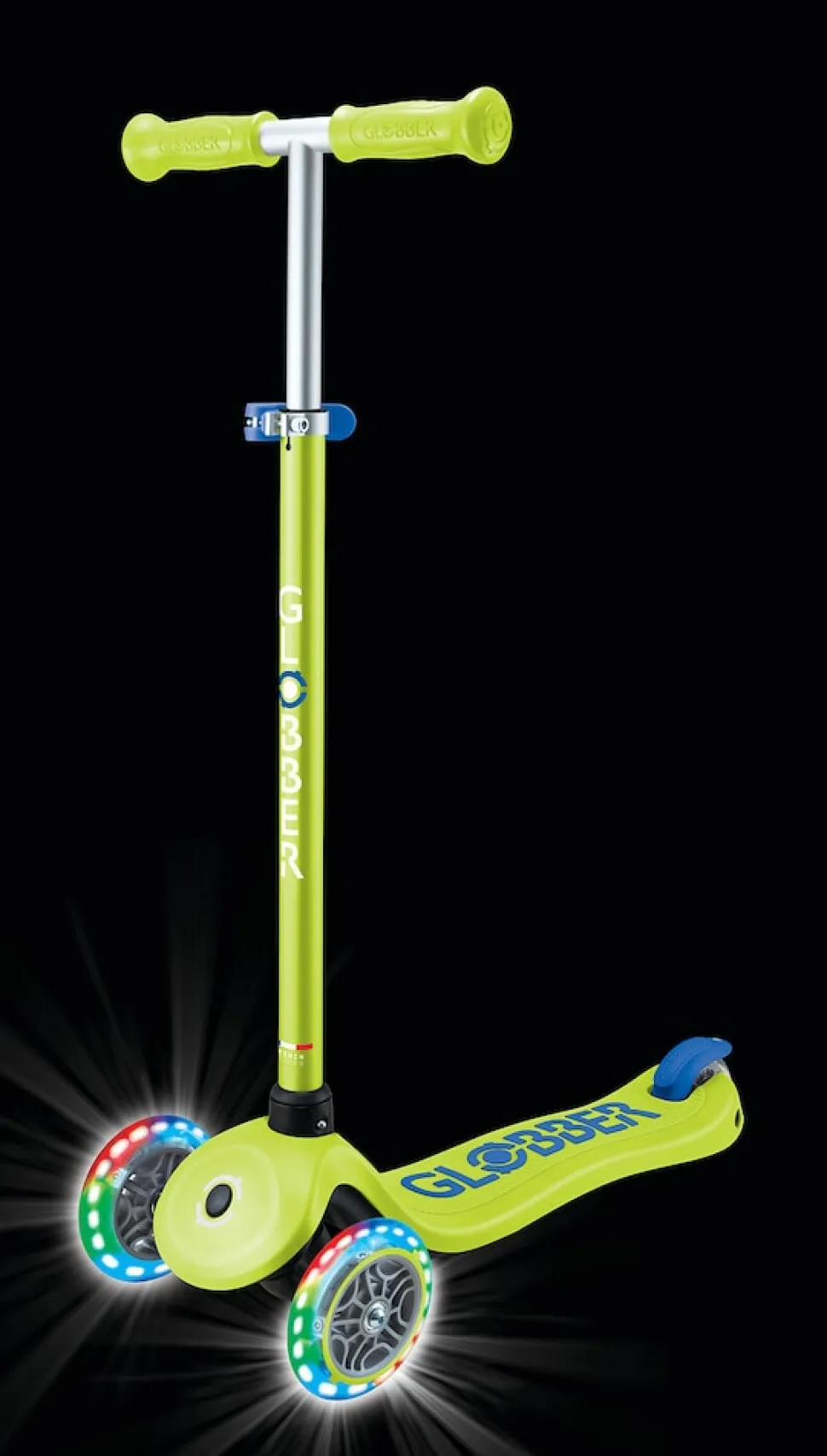 GLOBBER PRIMO PLUS LIGHTS – Tretroller Kinder, 120/80mm, ABEC 9, 3-rädrig, höhenverstellbar, LED-Leuchtrollen, lime grün