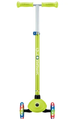 GLOBBER PRIMO PLUS LIGHTS – Tretroller Kinder, 120/80mm, ABEC 9, 3-rädrig, höhenverstellbar, LED-Leuchtrollen, lime grün