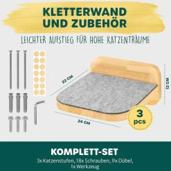 HAPPYPET Katzentreppen 3er-Set für Wandmontage - Nachhaltiges Hartholz, Designer Kletterwand Katzen, Katzentreppe mit Filzbezug, Katzenleiter, Katzenwand zum Klettern, Catwalk | Natur 3x Stufen L