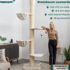 HAPPYPET Kratzbaum Grosse Katzen Stabil XXL Deckenhoch, 250 bis 275 cm | Creme Basic
