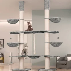HAPPYPET Kratzbaum Verbindungs-Set mit Spielseil & Liegemulde – Ersatzteil aus Multiplex-Holz, inkl. Plüschbezug & Abstandshalter – Ideal zur Erweiterung von Katzenkratzbäumen | Grau