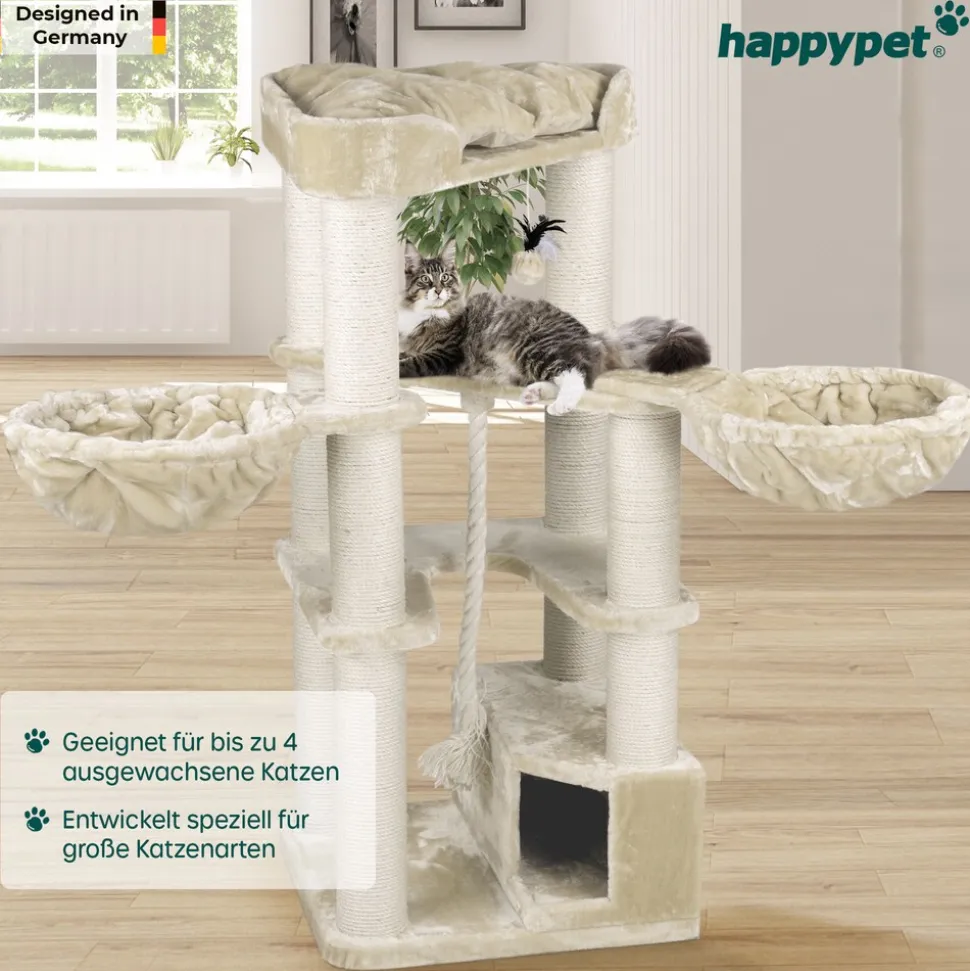 HAPPYPET Premium Kratzbaum 161 cm große Katzen stabil Katzenbaum | Creme