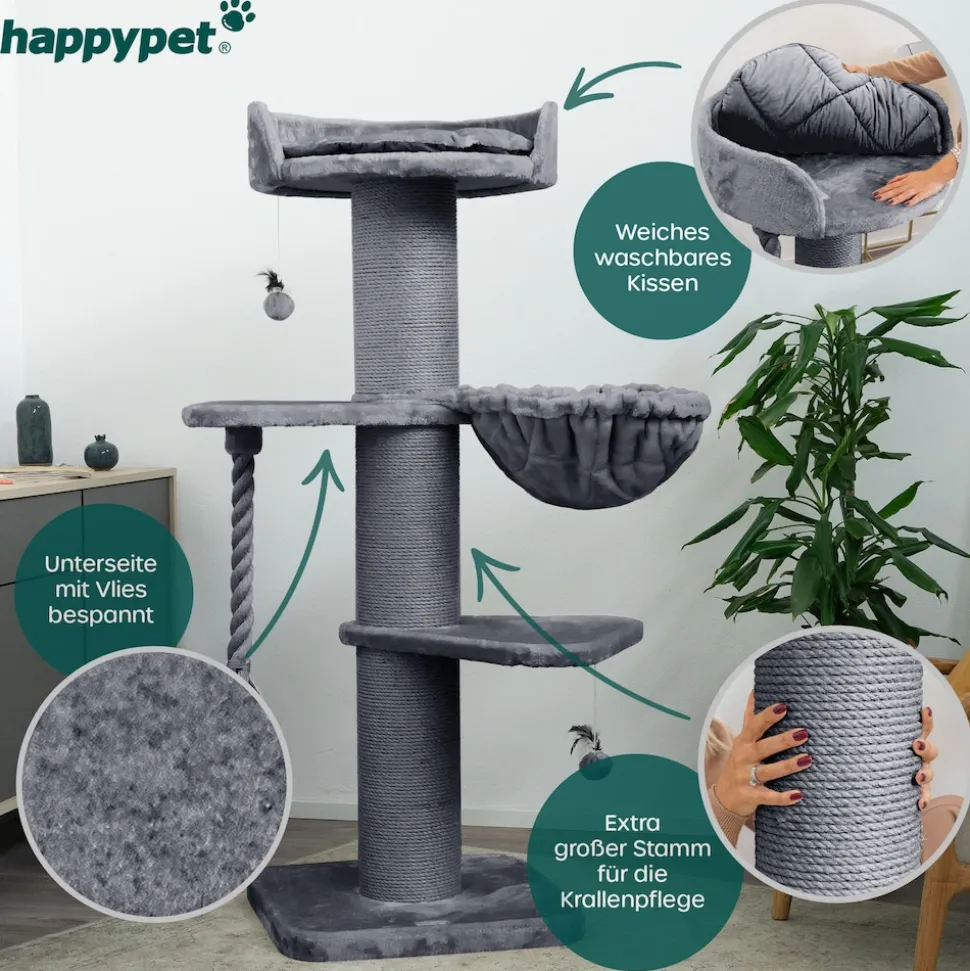 HAPPYPET Premium Kratzbaum Grosse Katzen Stabil 'Cooper' – 150 cm Großer Katzenbaum | Grau