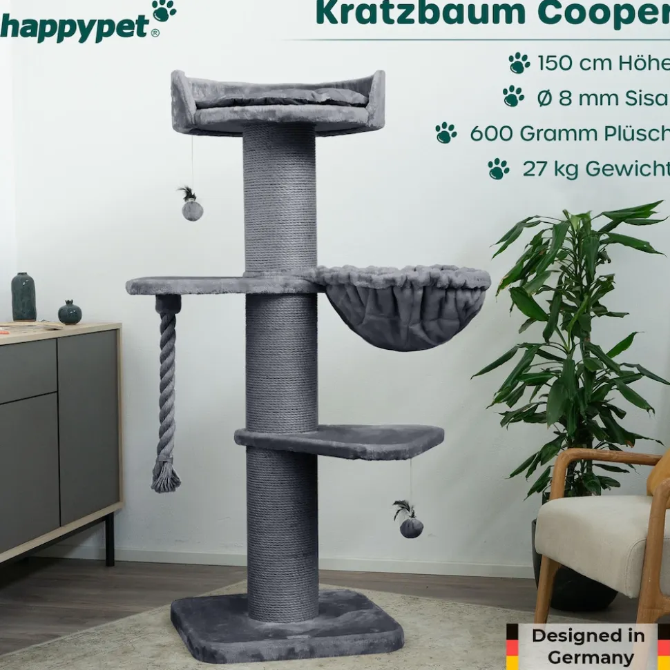 HAPPYPET Premium Kratzbaum Grosse Katzen Stabil 'Cooper' – 150 cm Großer Katzenbaum | Grau