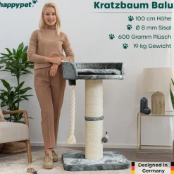 HAPPYPET Premium Kratzbaum Stabil für große Katzen Kletterbaum 100 cm | Grau BASIC