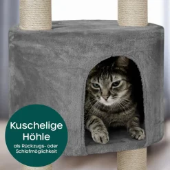 HAPPYPET XXL Kratzbaum Simba deckenhoch 260 cm - Kletterbaum Paradies, Extra Breit, Höhlen, Liegemulden, Großer Katzenbaum Stabil für Katzen, 9 cm Säulen, viel Zubehör | Grau
