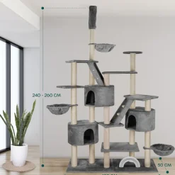 HAPPYPET XXL Kratzbaum Simba deckenhoch 260 cm - Kletterbaum Paradies, Extra Breit, Höhlen, Liegemulden, Großer Katzenbaum Stabil für Katzen, 9 cm Säulen, viel Zubehör | Grau